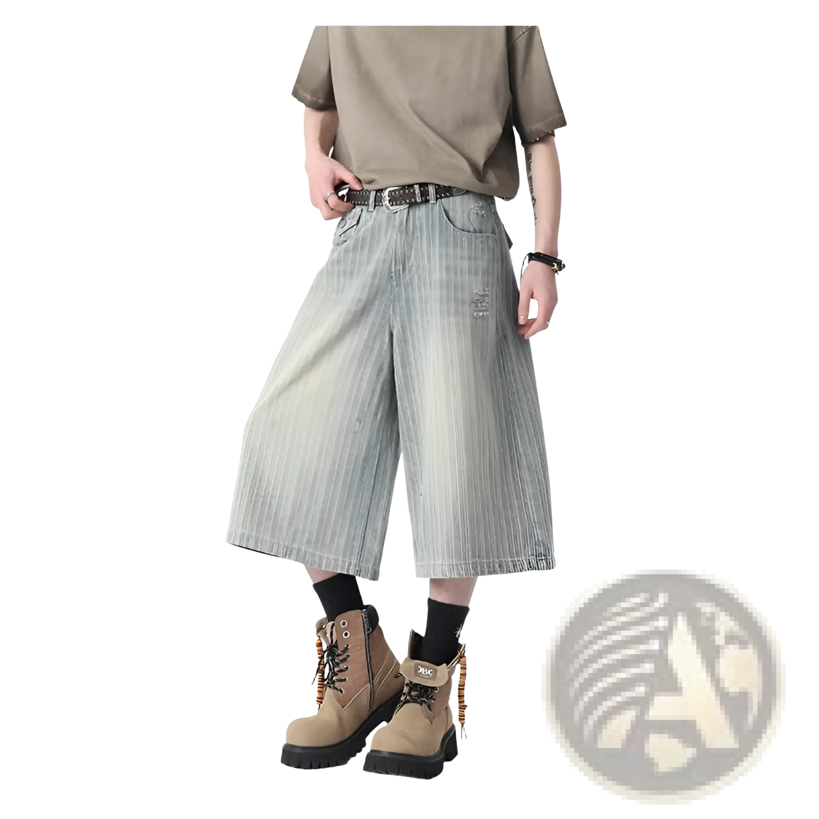 Striped denim capri shorts with wide-leg cut, faded vertical stripes, subtle distressing, and embroidered thigh patch