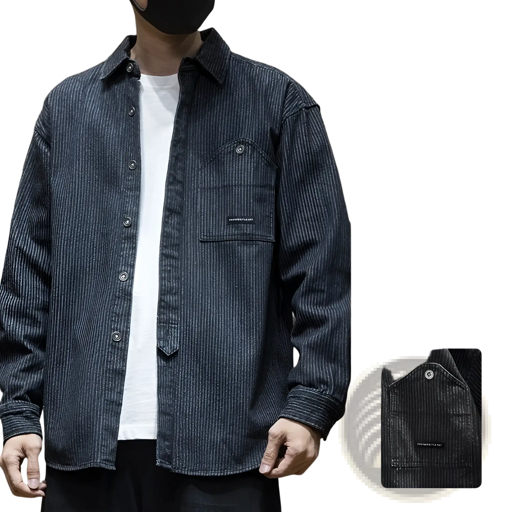 Black retro pinstripe corduroy long sleeve button-up shirt with chest pocket and subtle branding for men