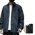 Black retro pinstripe corduroy long sleeve button-up shirt with chest pocket and subtle branding for men