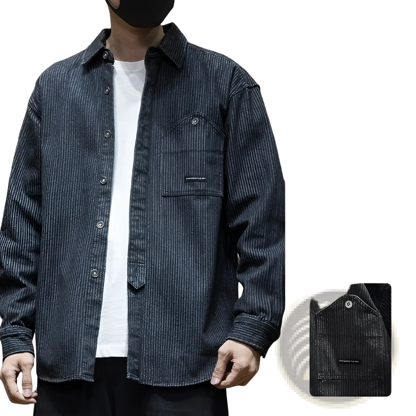 Black retro pinstripe corduroy long sleeve button-up shirt with chest pocket and subtle branding for men