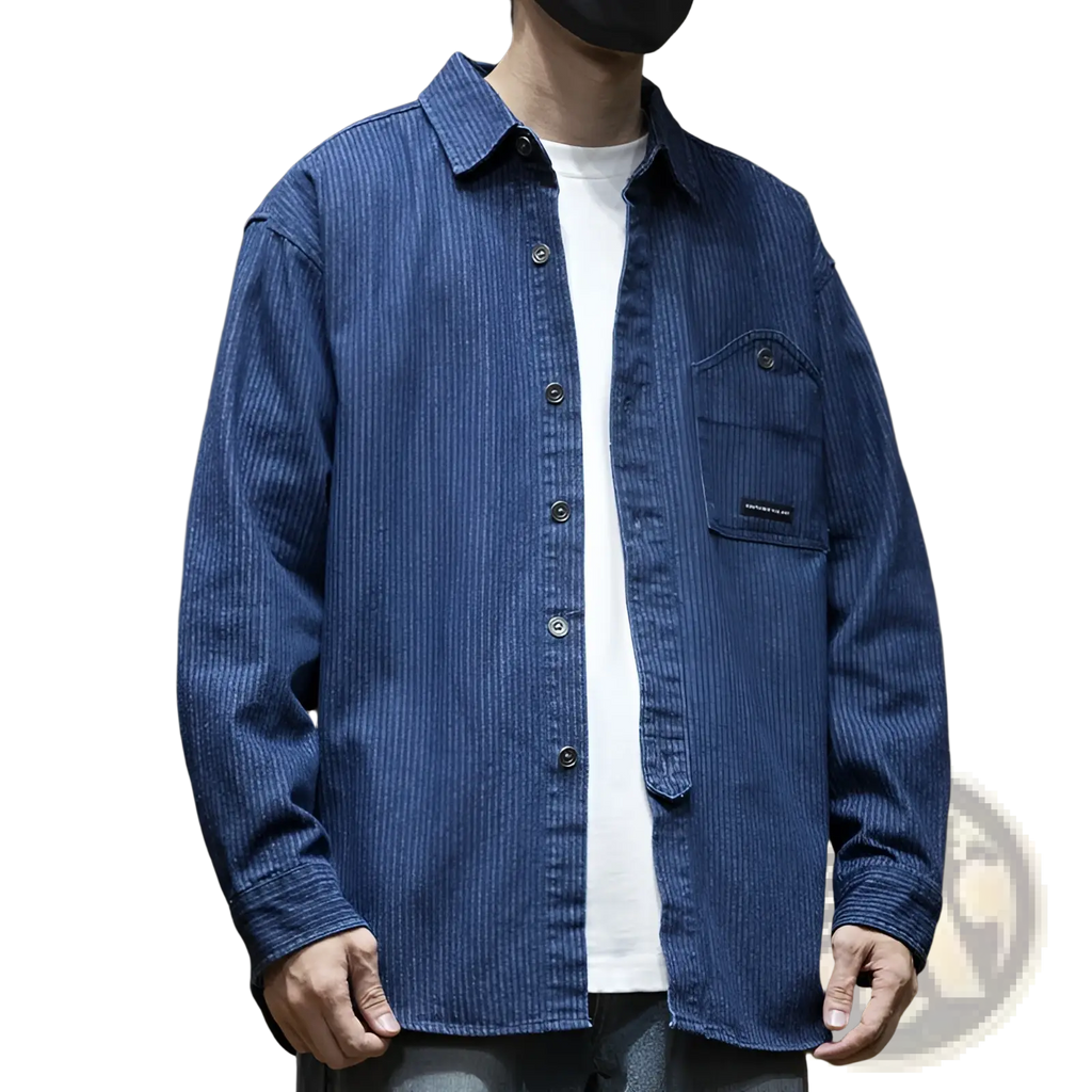 Blue striped denim mens long sleeve shirt with classic collar and button-front design in durable cotton fabric
