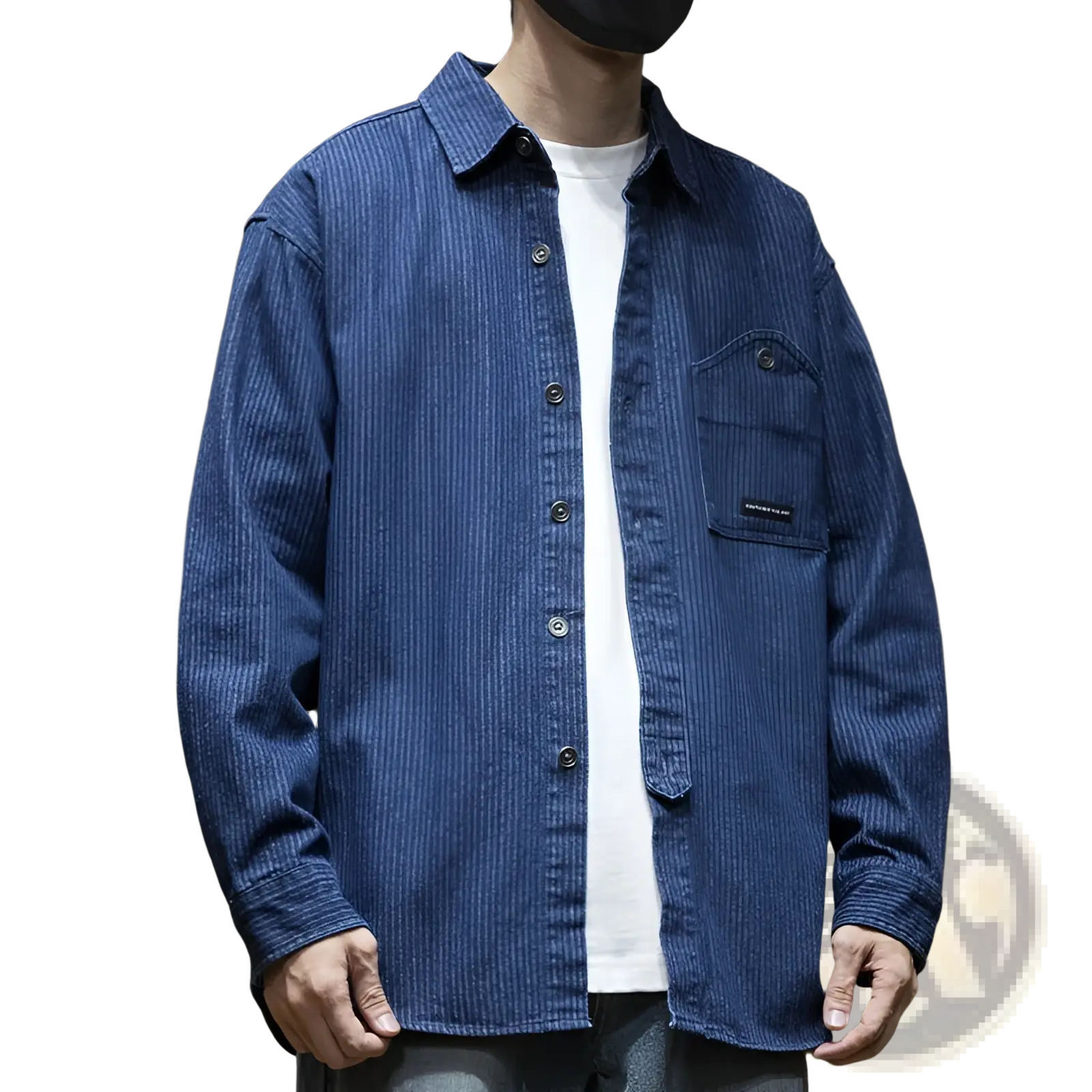 Blue striped denim mens long sleeve shirt with classic collar and button-front design in durable cotton fabric