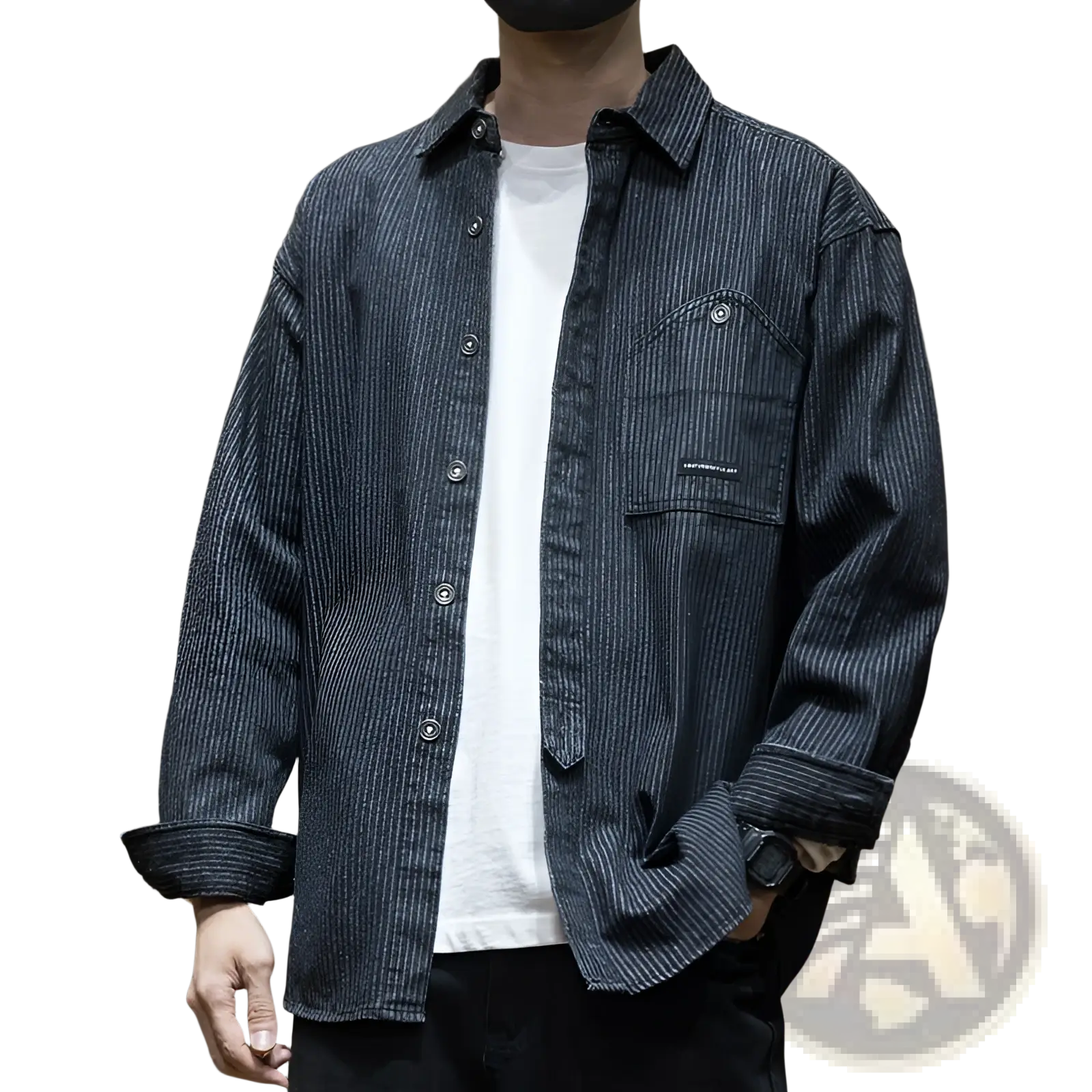 Striped denim mens long sleeve shirt in dark blue and white vertically striped cotton with classic collar and chest pocket