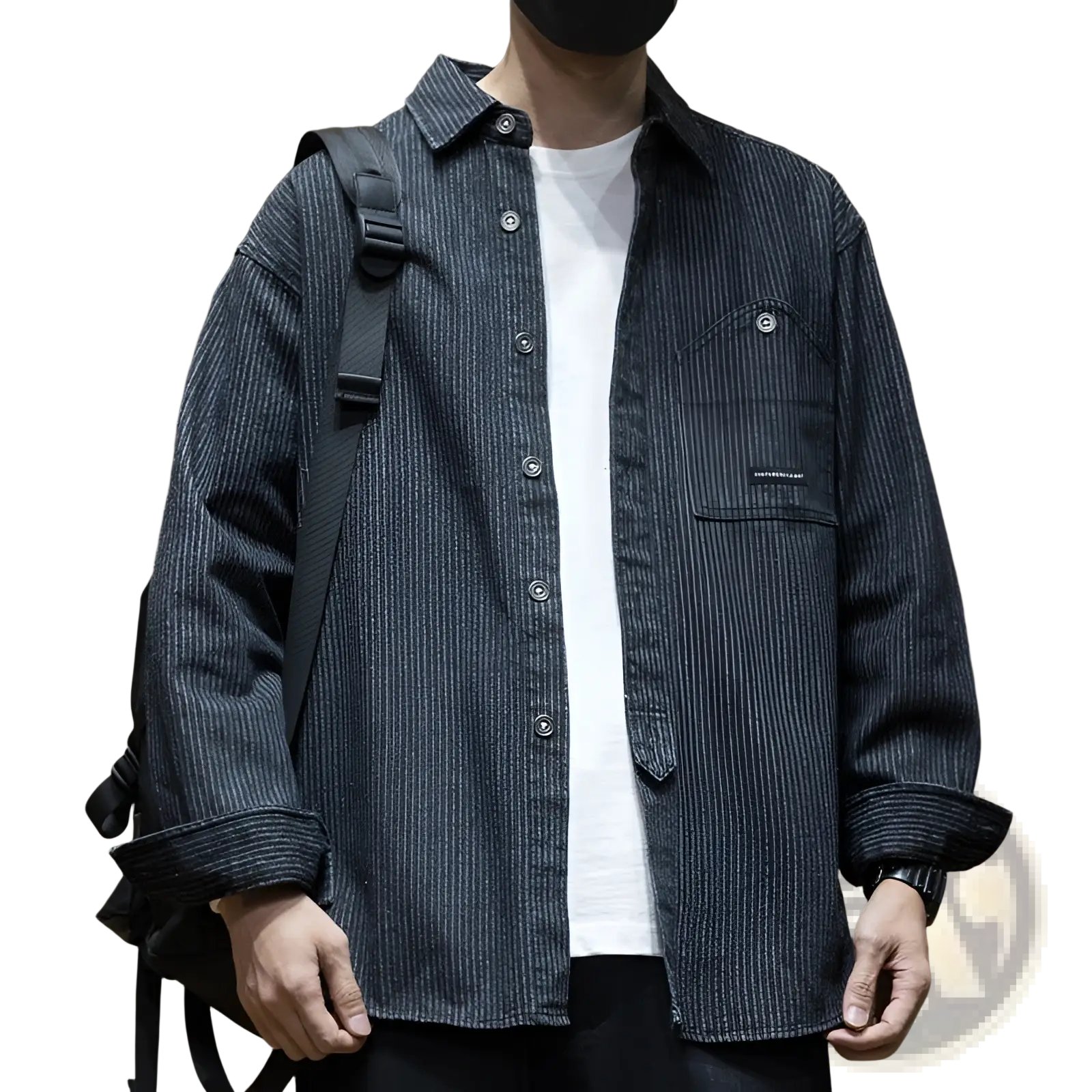 Striped denim mens long sleeve shirt in dark blue and white cotton with vertical stripes chest pocket and rolled cuffs