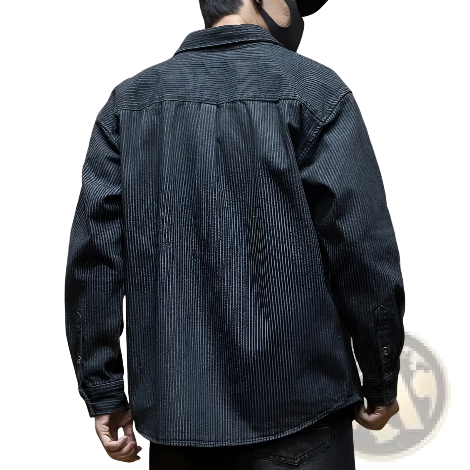 Dark denim mens long sleeve shirt with subtle vertical pinstripes made from striped denim fabric