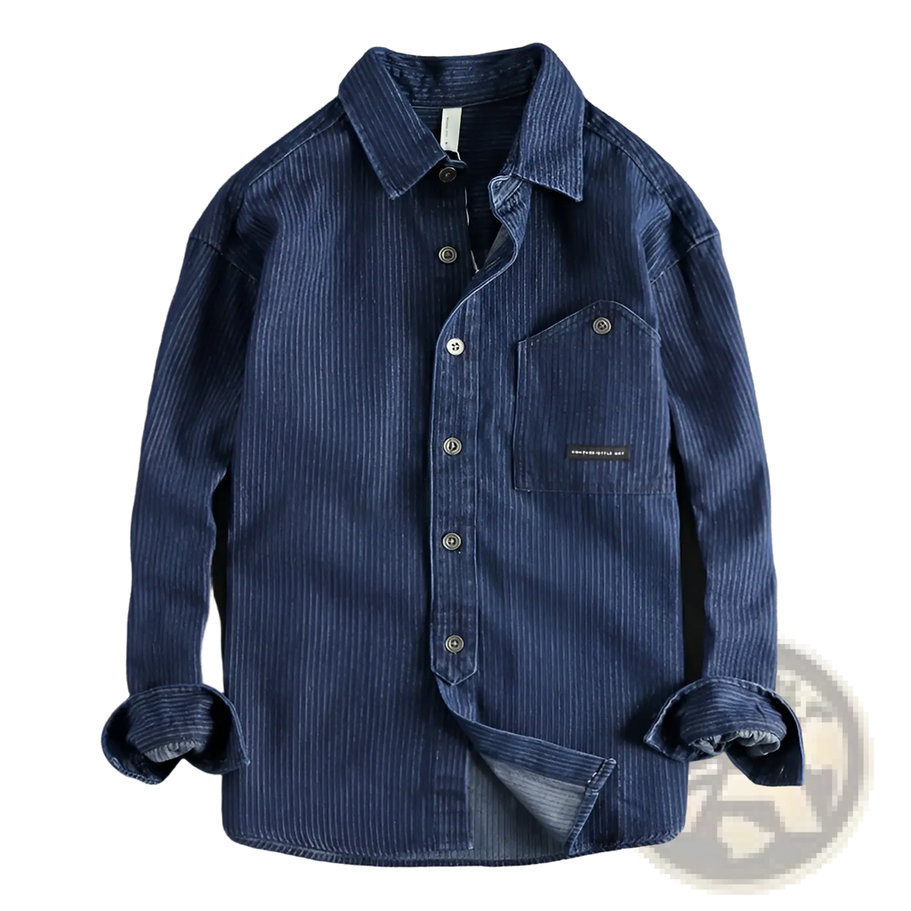 Navy blue corduroy striped denim mens long sleeve shirt with button-down front and rolled-up cuffs