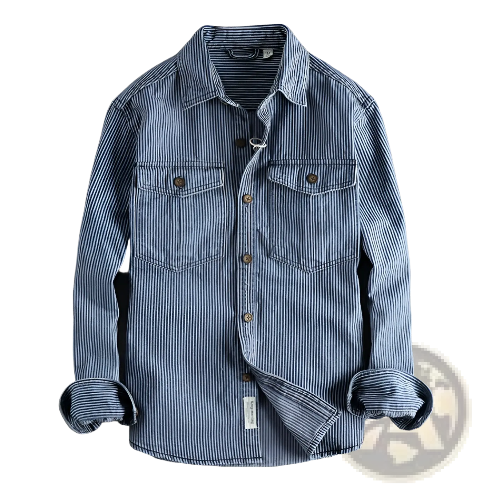 Striped denim shirt for men featuring blue and white vertical stripes, two chest pockets, and brown buttons