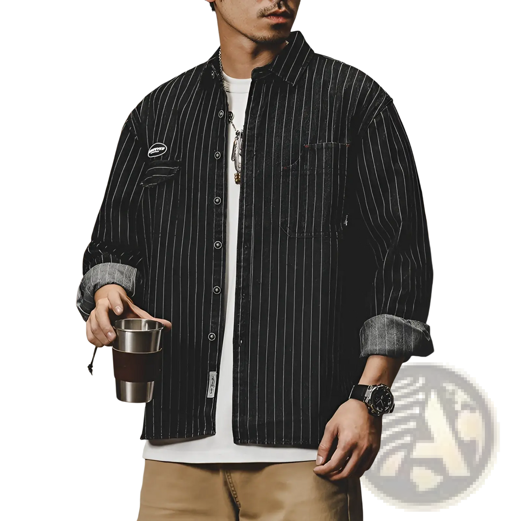 Black and white vertically striped long sleeve loose cotton denim shirt for men with rolled-up sleeves