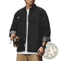 Black and white vertically striped long sleeve loose cotton denim shirt for men with rolled-up sleeves