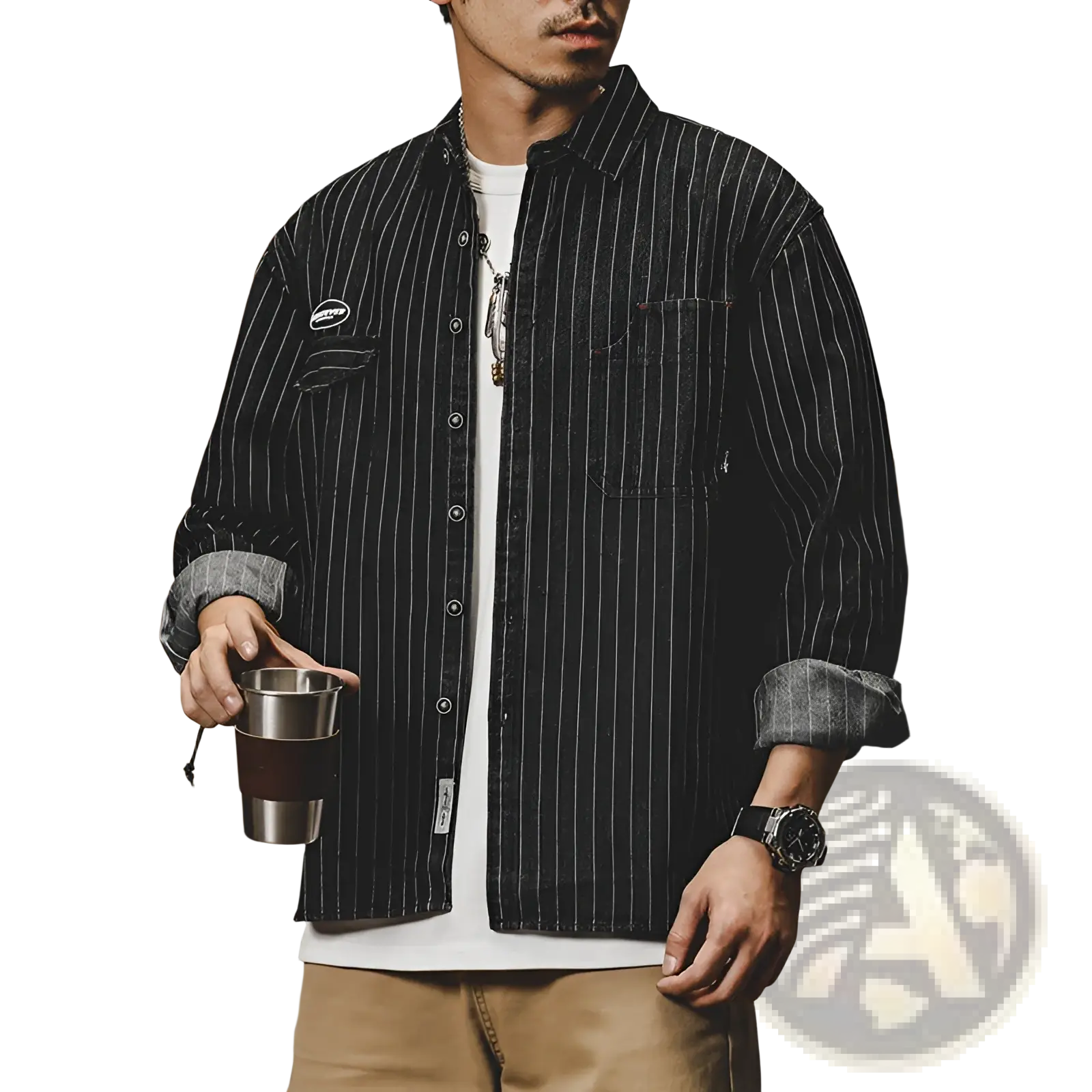 Black and white vertically striped long sleeve loose cotton denim shirt for men with rolled-up sleeves