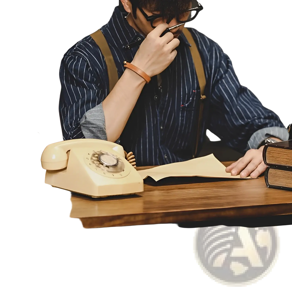 Cream-colored vintage rotary telephone with metallic accents displayed alongside striped denim long sleeve cotton shirt for men