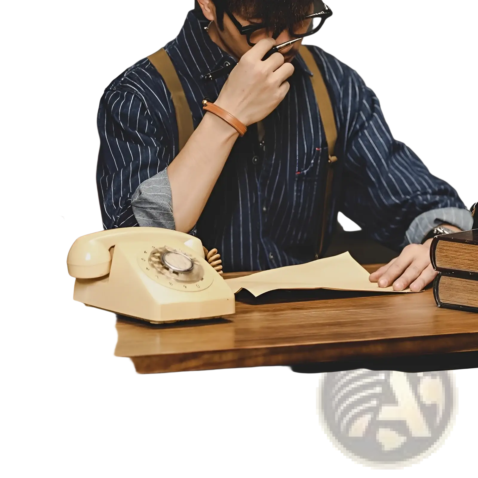 Cream-colored vintage rotary telephone with metallic accents displayed alongside striped denim long sleeve cotton shirt for men