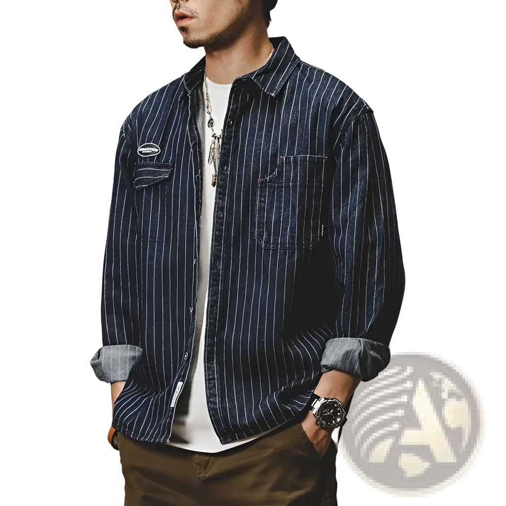 Navy blue and white vertically striped denim shirt for men with two chest pockets rolled-up sleeves loose cotton fabric