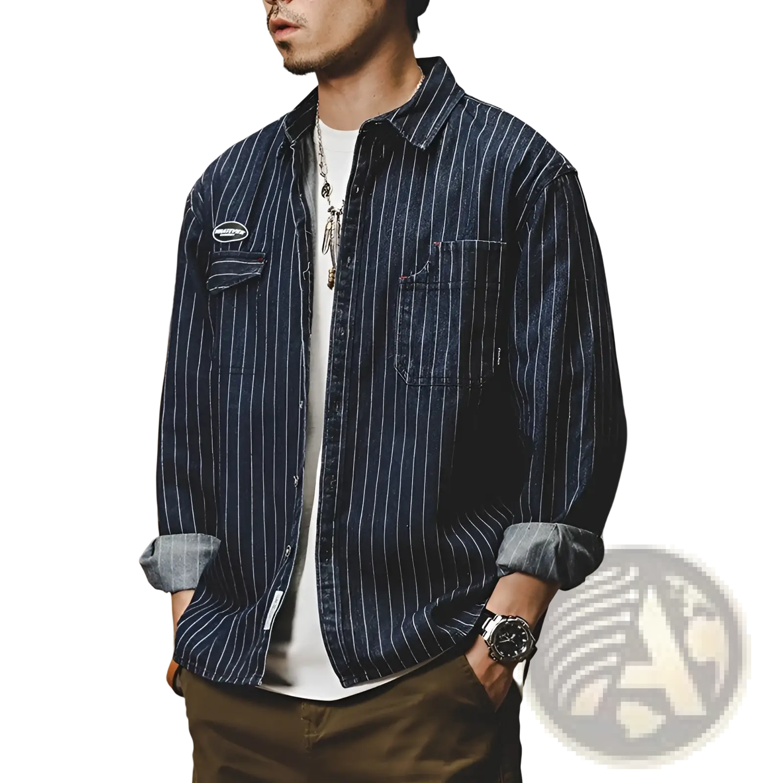 Navy blue and white vertically striped denim shirt for men with two chest pockets rolled-up sleeves loose cotton fabric