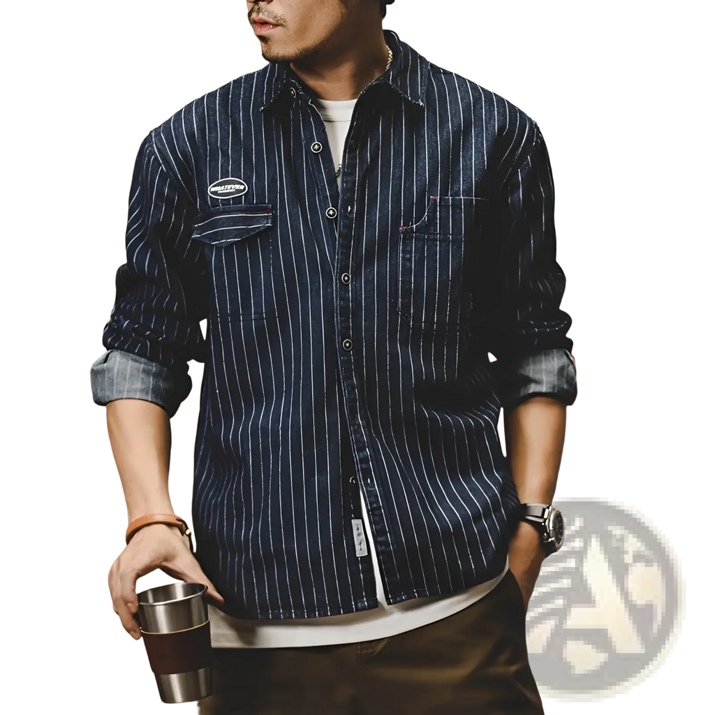 A navy blue striped denim shirt for men with thin white vertical stripes, button-up front, rolled cotton sleeves