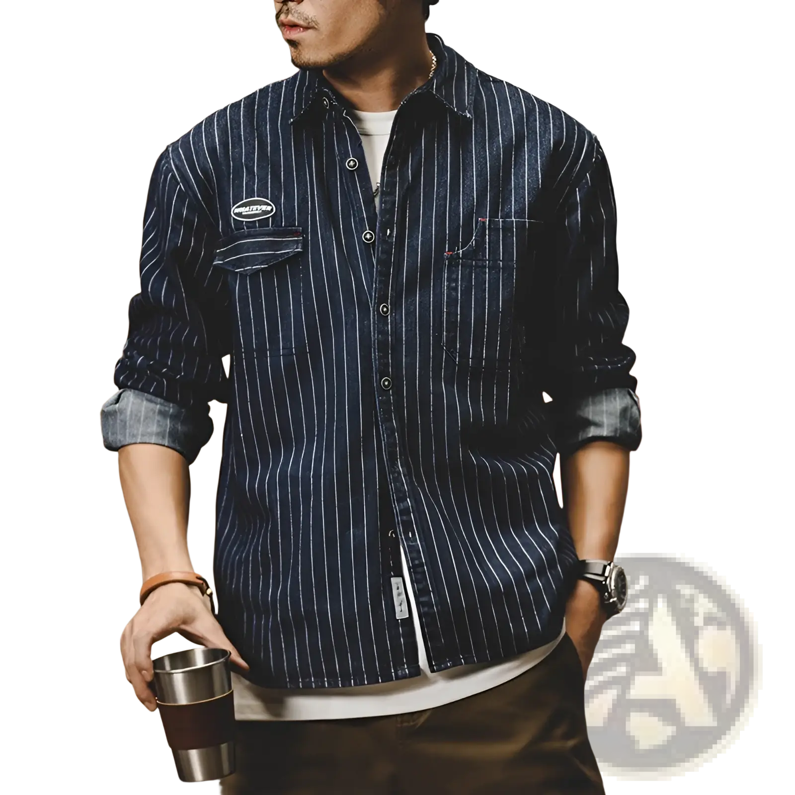 A navy blue striped denim shirt for men with thin white vertical stripes, button-up front, rolled cotton sleeves