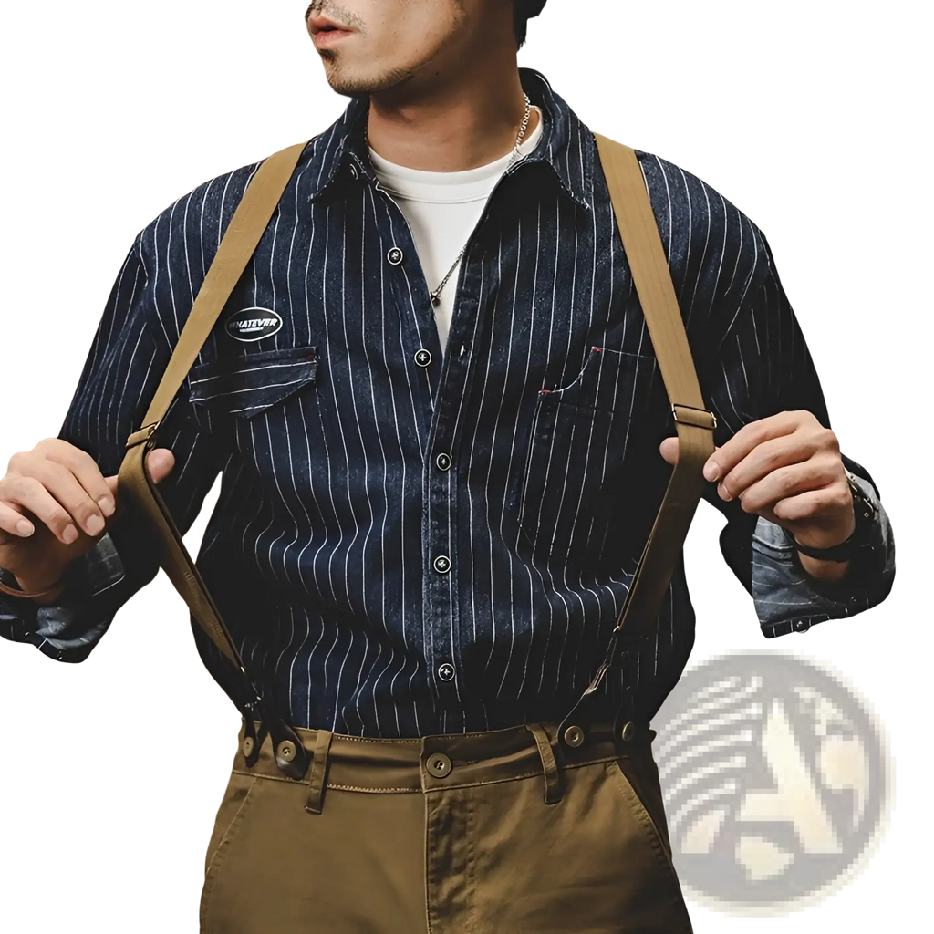 Tan leather suspenders with metal clasps and adjustable straps paired with striped denim shirt men long sleeve loose cotton
