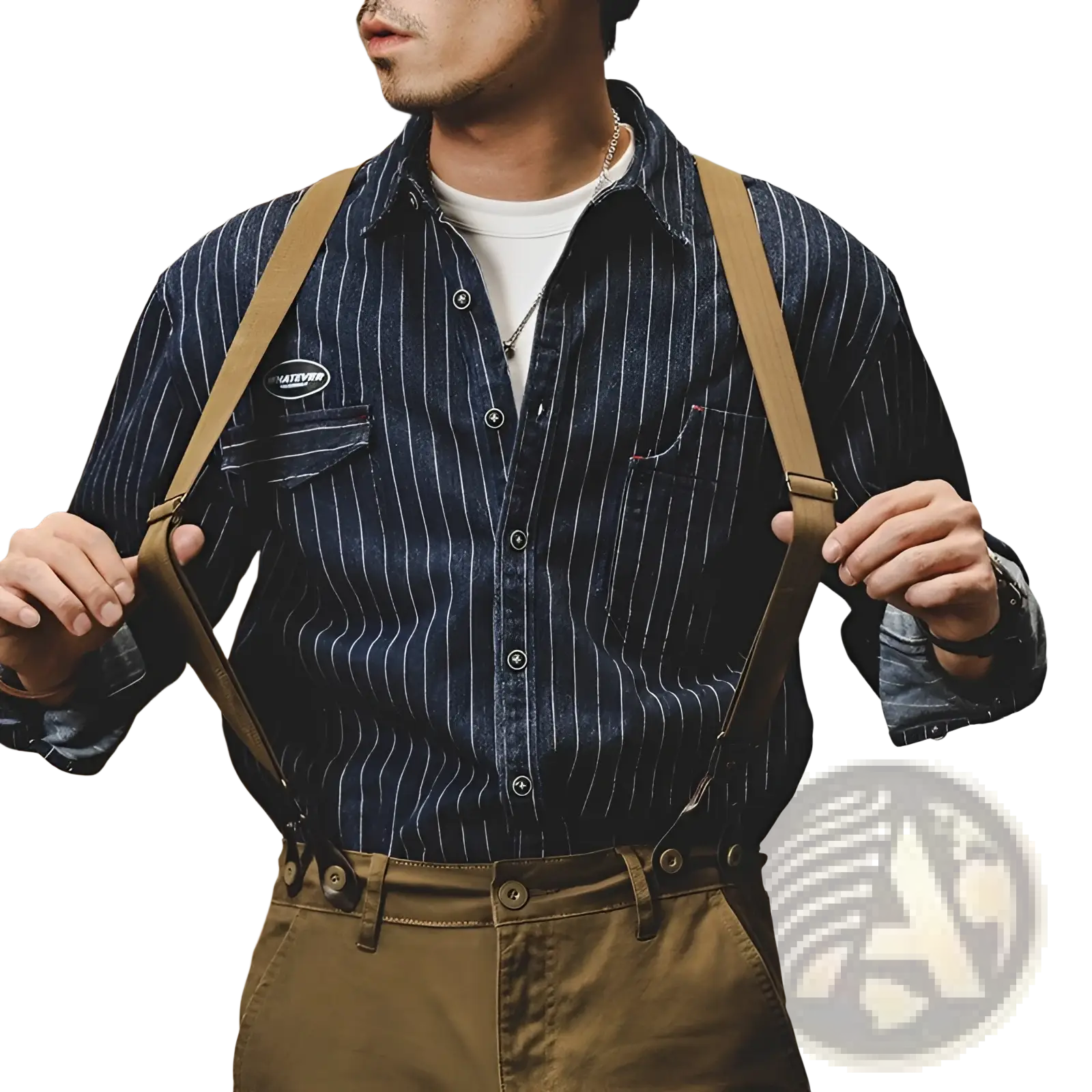 Tan leather suspenders with metal clasps and adjustable straps paired with striped denim shirt men long sleeve loose cotton