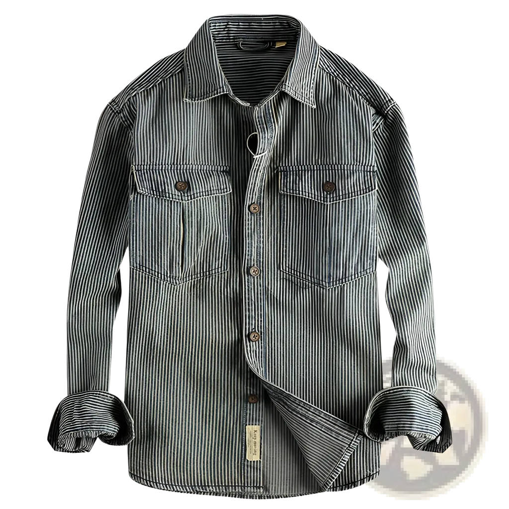 Striped denim shirt for men featuring dark gray and white vertical stripes, brown buttons, chest pockets, and rolled cuffs