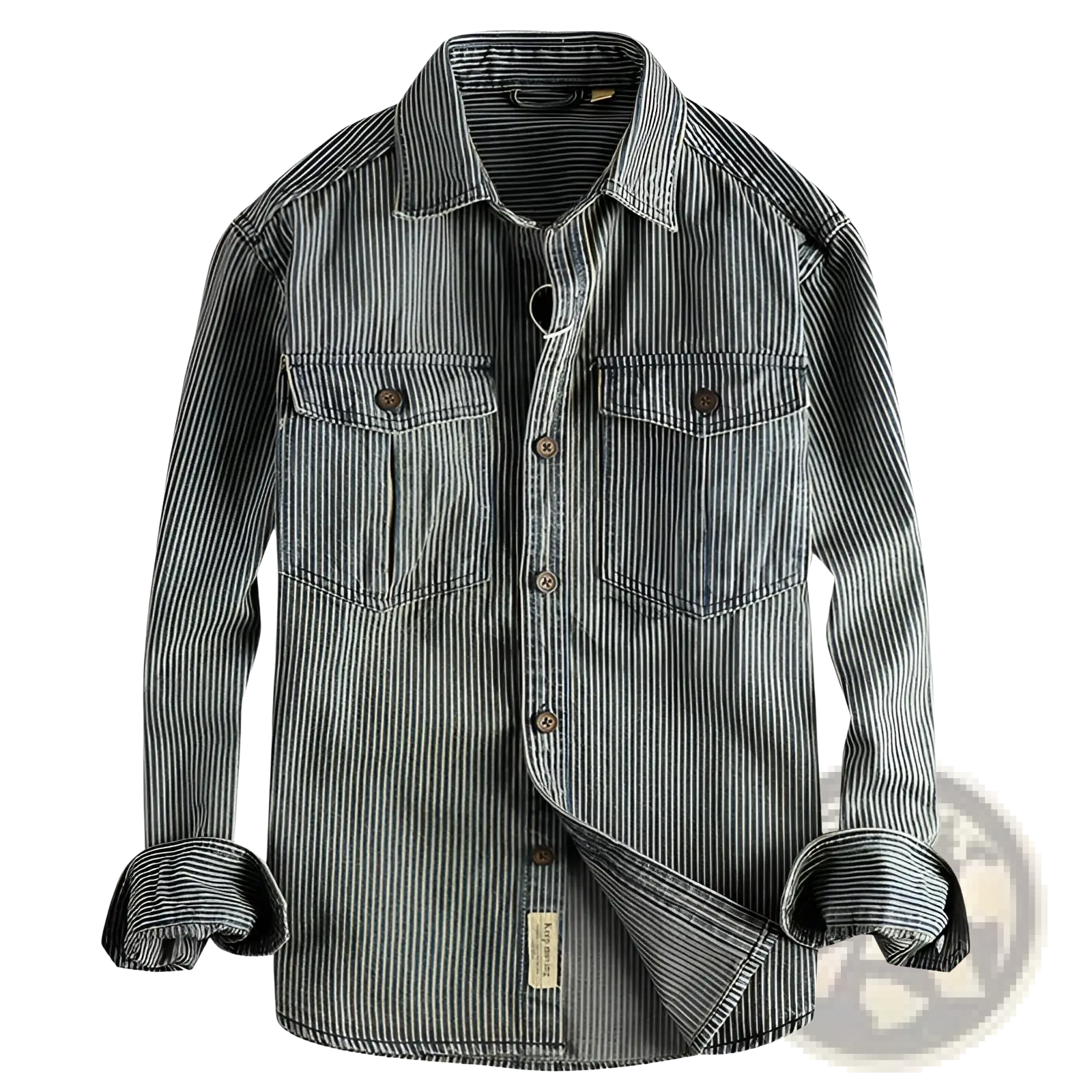 Striped denim shirt for men featuring dark gray and white vertical stripes, brown buttons, chest pockets, and rolled cuffs