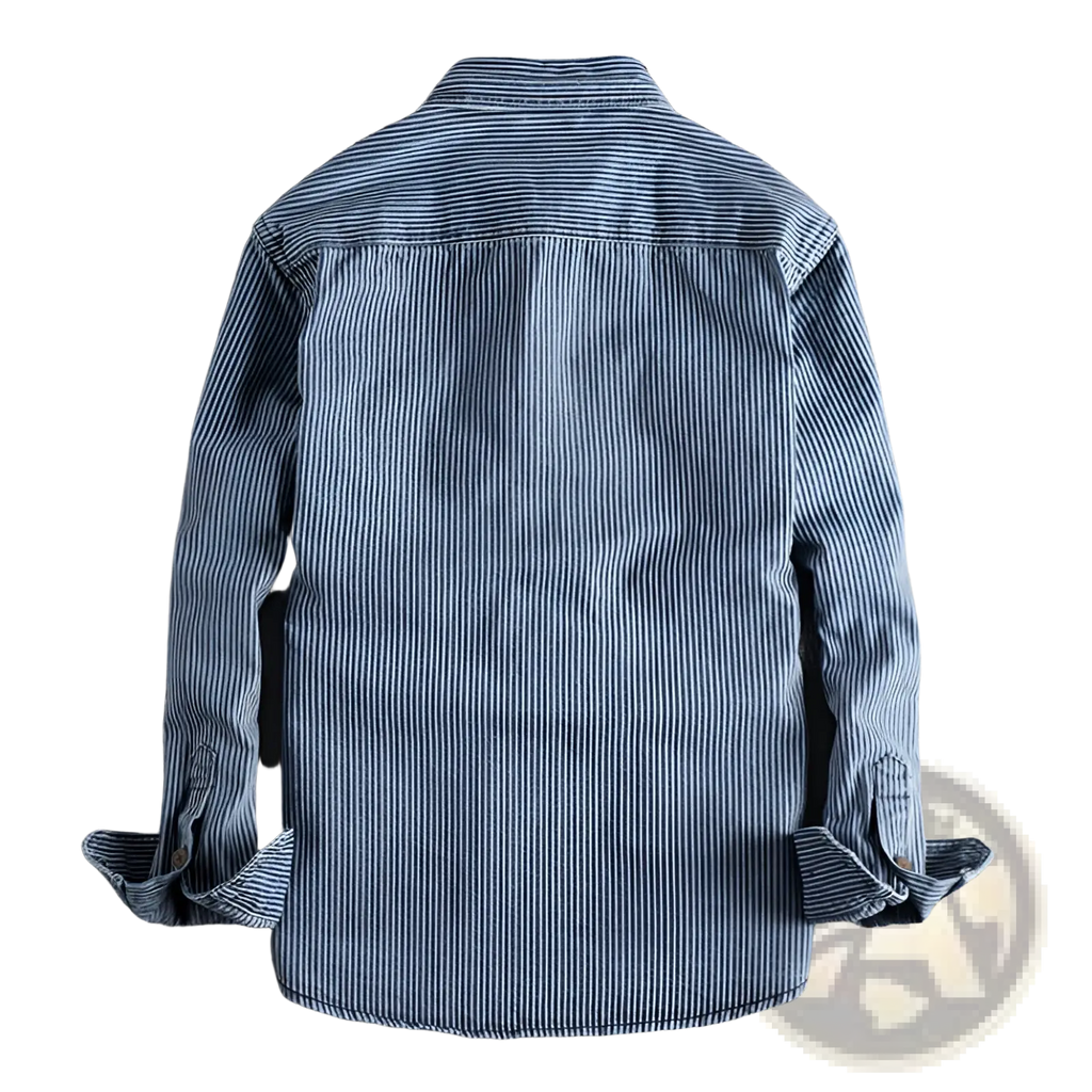 Navy and white striped denim shirt for men with long sleeves and rolled cuffs in button-up style