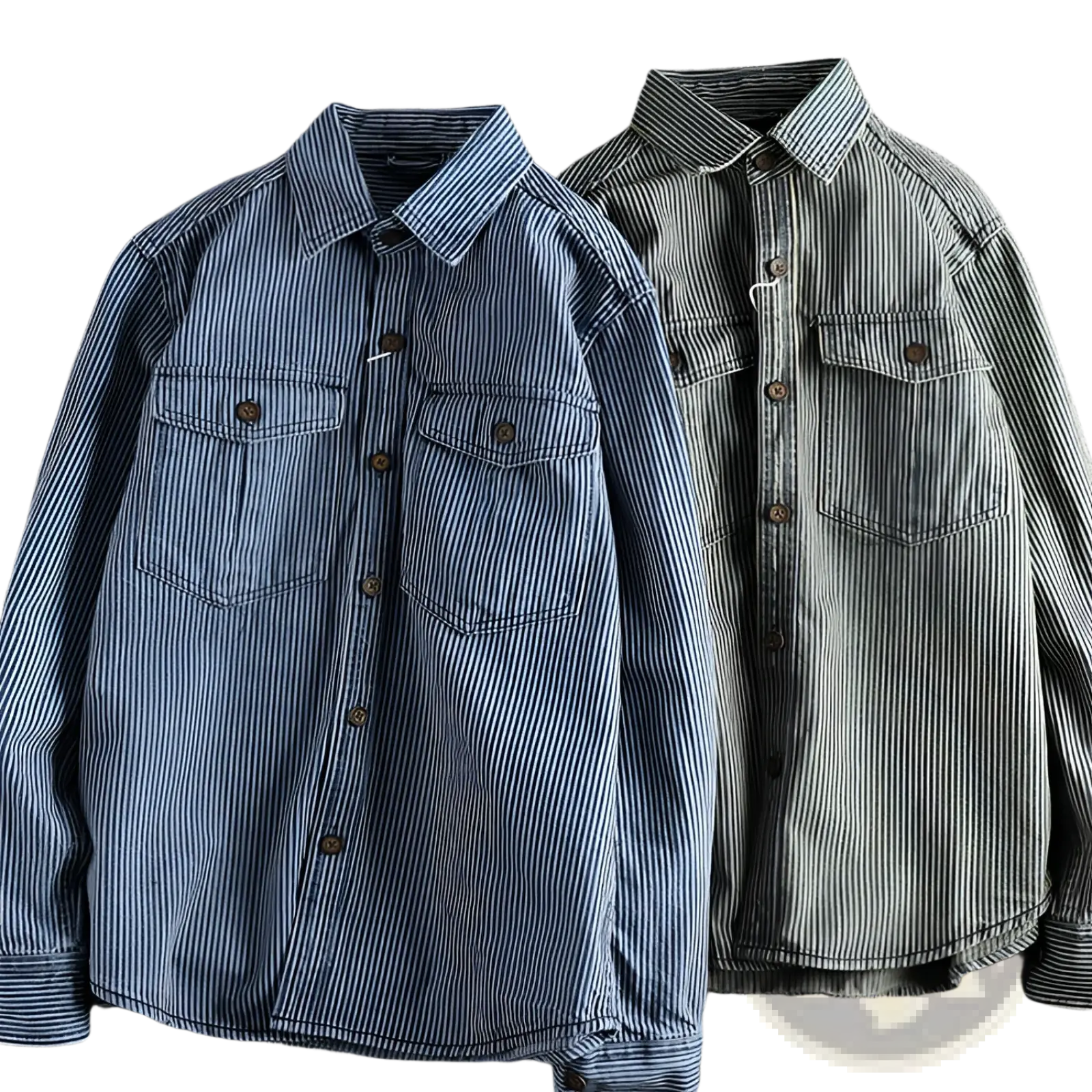 Two striped denim shirts for men in blue white and green white with brown buttons showcasing casual style