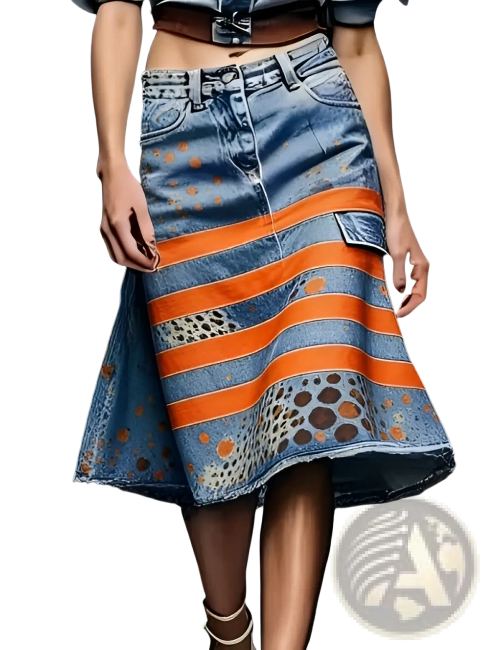High waisted denim skirt with bold orange stripes and leopard print featuring distressed edges and flared silhouette