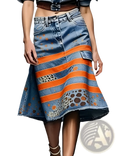 High waisted denim skirt with bold orange stripes and leopard print featuring distressed edges and flared silhouette