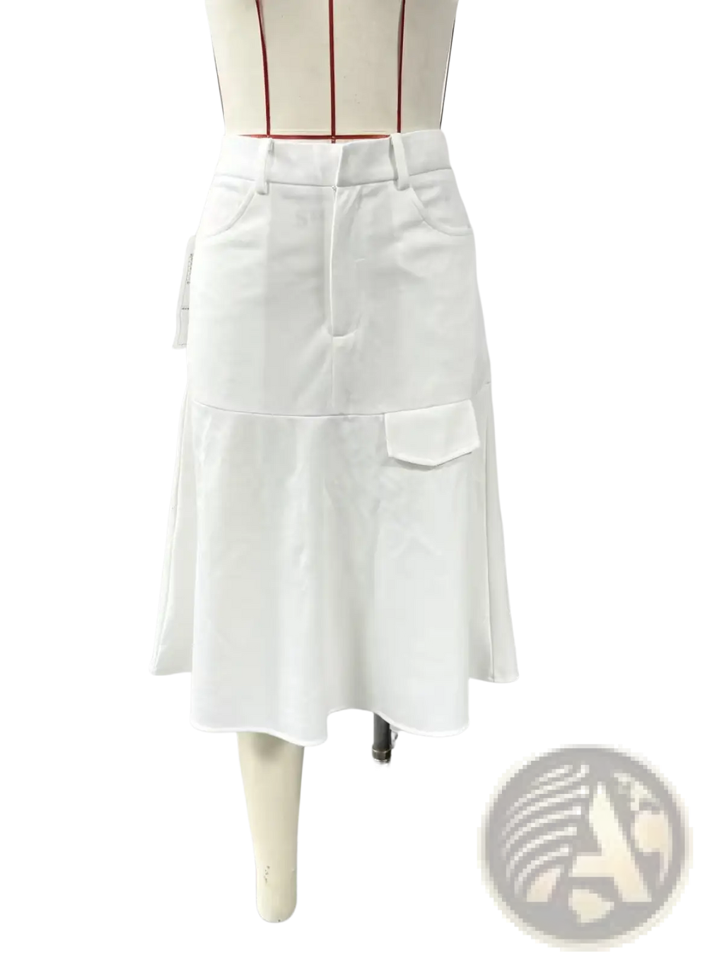 White high-waisted skirt with flared tiered hem and cargo-style pockets in striped denim orange leopard design