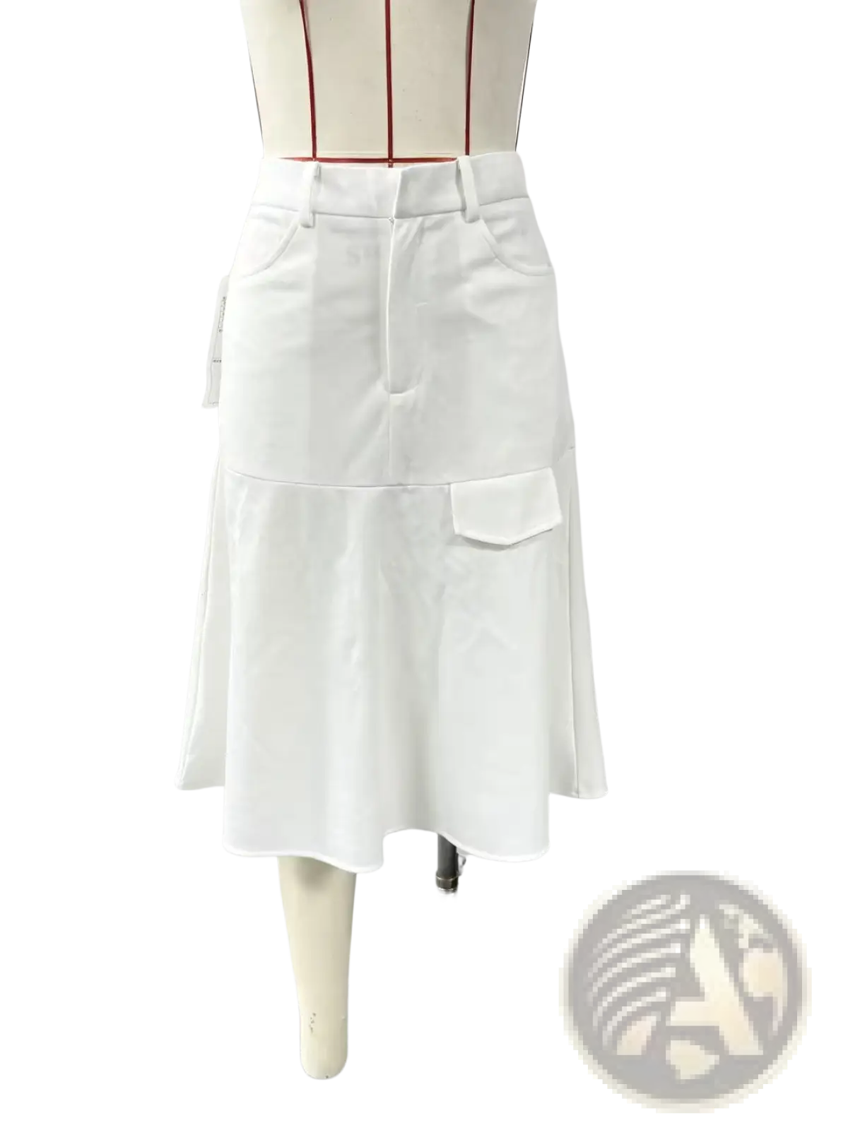 White high-waisted skirt with flared tiered hem and cargo-style pockets in striped denim orange leopard design