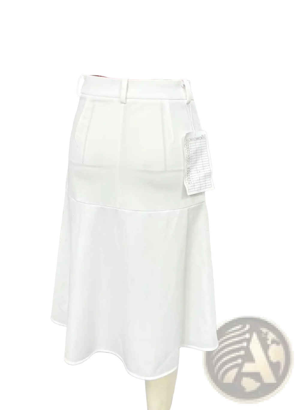 White high-waisted pleated skirt with fitted waistband and flared hemline styled as striped denim skirt with orange leopard pattern