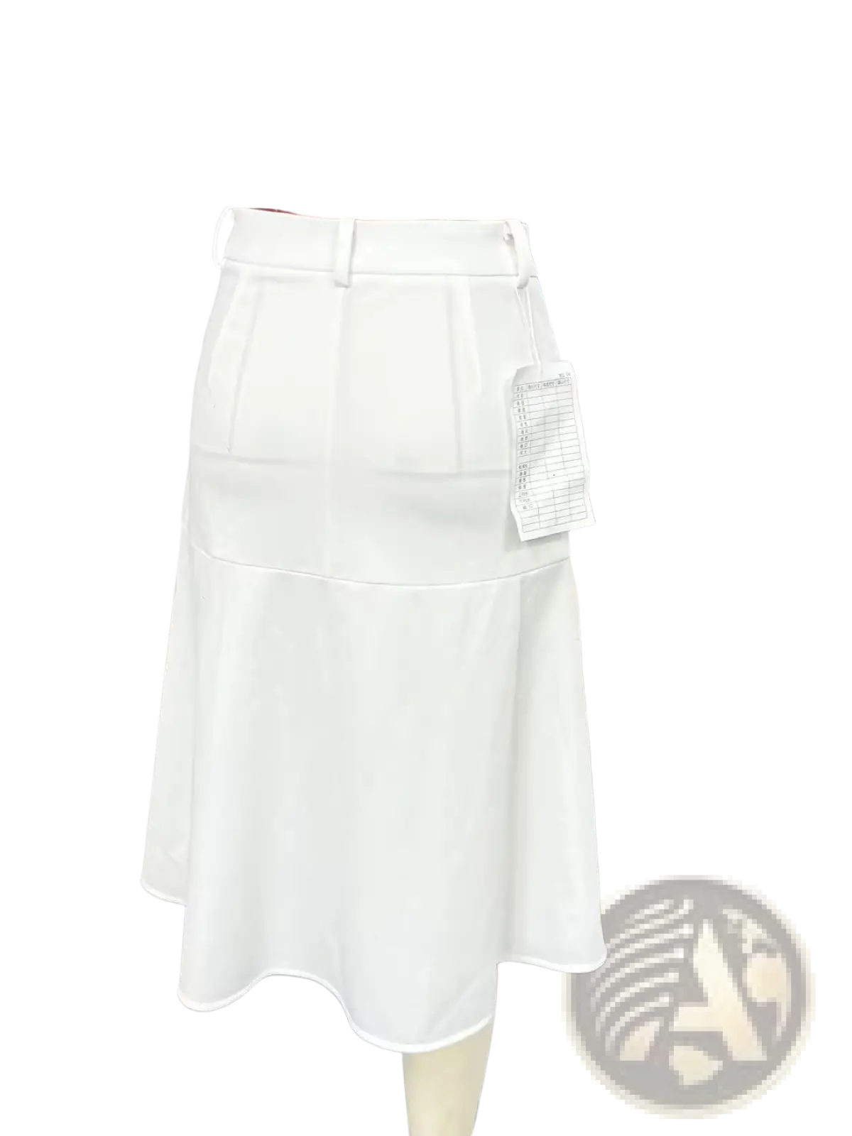 White high-waisted pleated skirt with fitted waistband and flared hemline styled as striped denim skirt with orange leopard pattern
