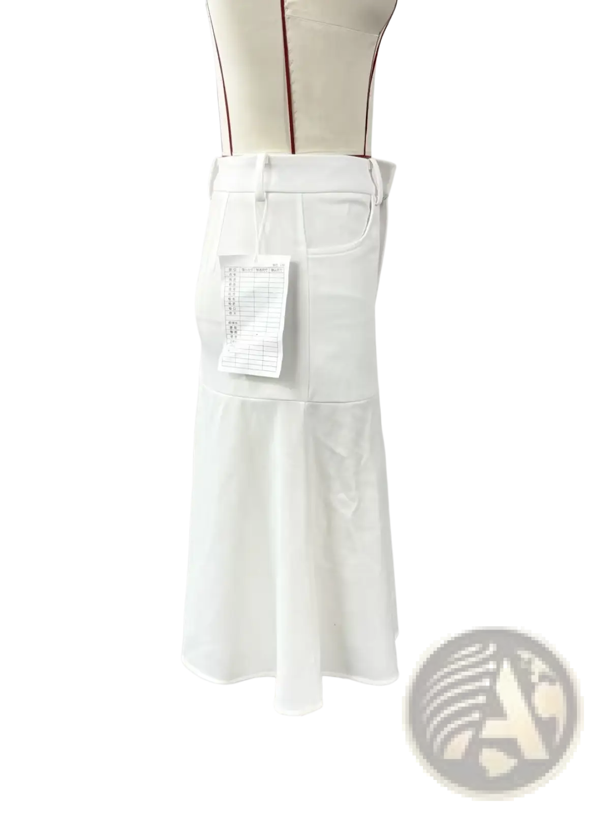 White high-waisted skirt with flared hem and two front pockets displayed on mannequin for striped denim skirt orange leopard
