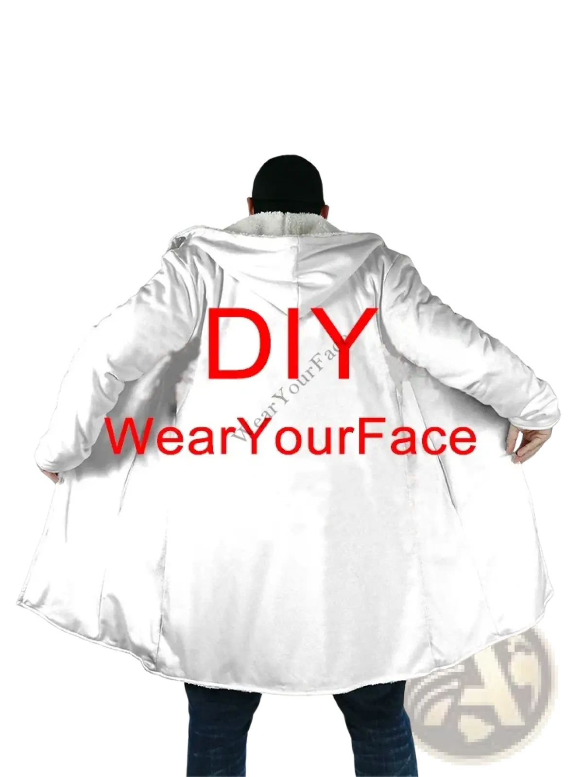 Back view of a white striped fleece hooded cloak winter coat with plush lining and diy wearyourface branding in red