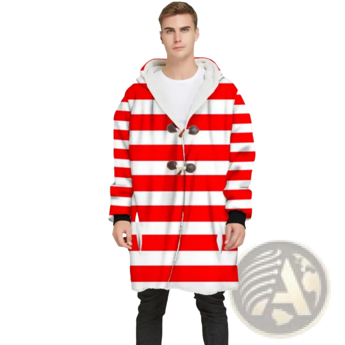 Striped fleece hooded cloak winter coat with red and white stripes, black trim, and dark brown toggle closures