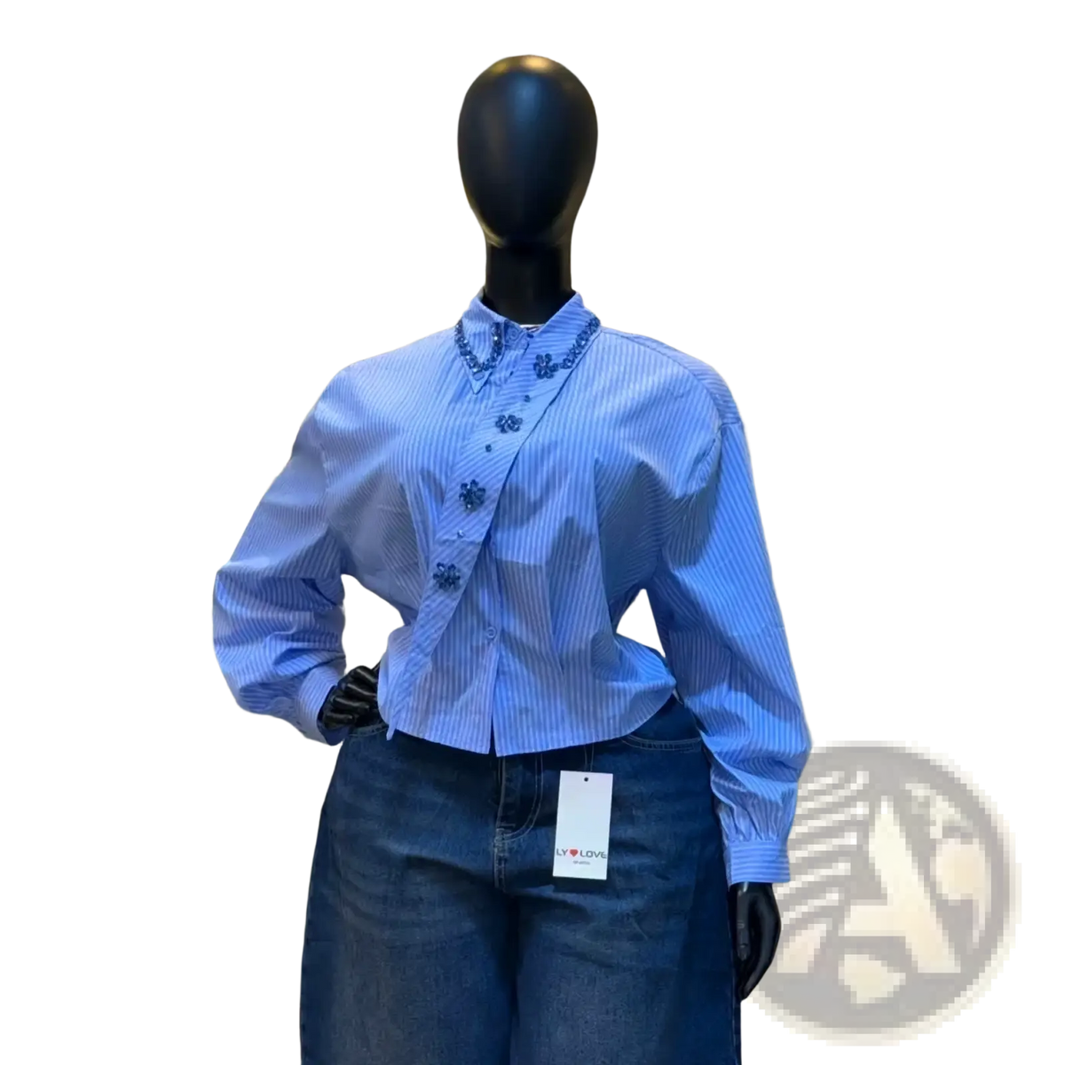 Blue and white striped long-sleeved blouse with dark blue floral embroidery on collar and front placket vintage style