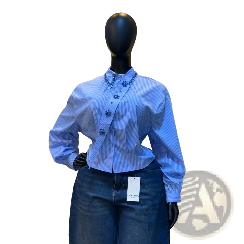 A light blue and white striped vintage blouse with dark blue floral embroidery on collar front placket and cuffs