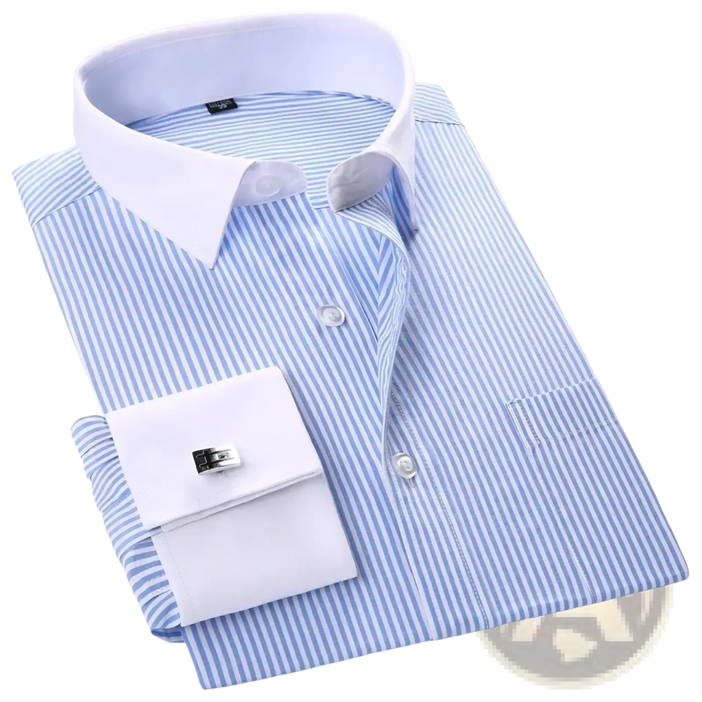 Striped french cuff dress shirt in crisp light blue and white stripes with contrasting white collar and cuffs
