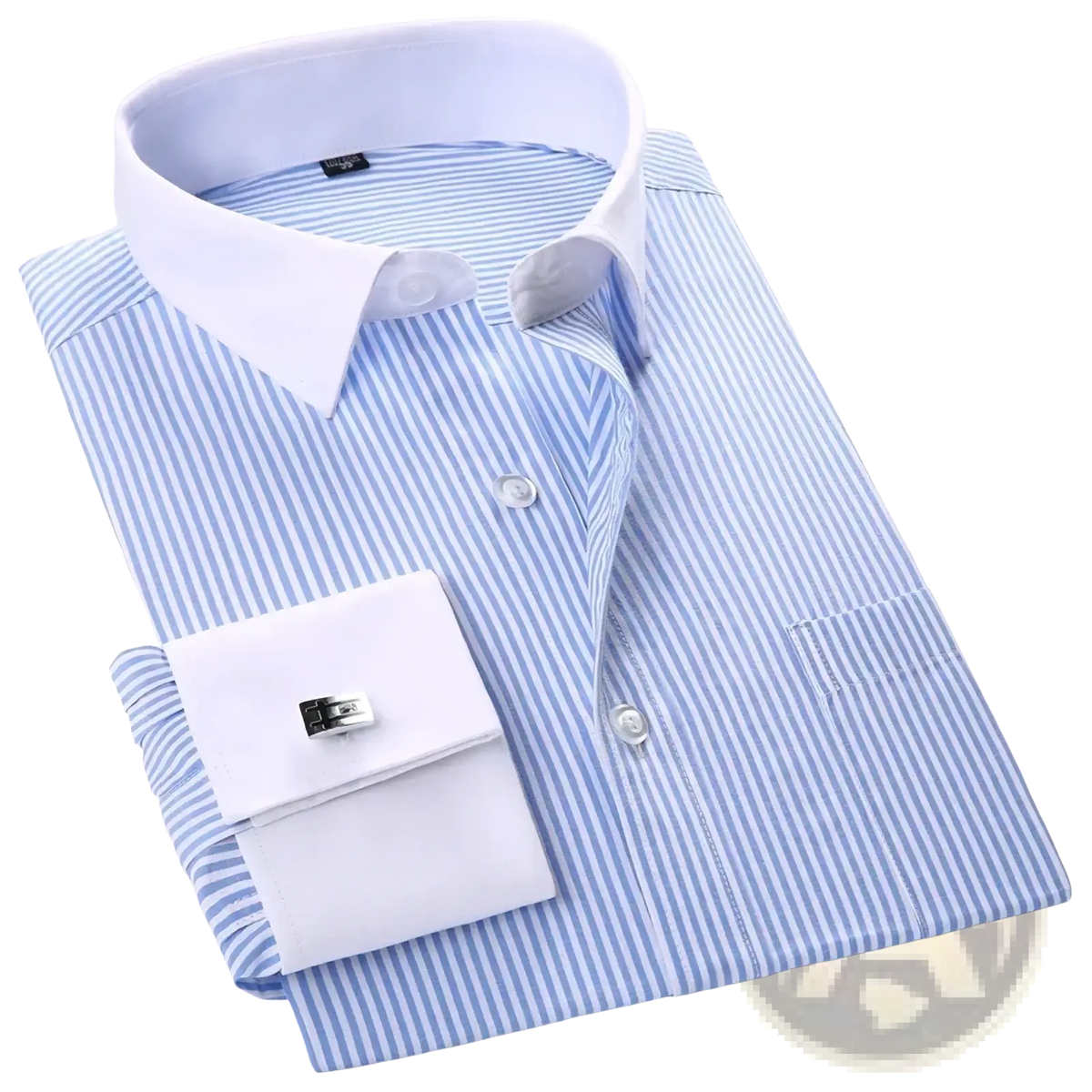Striped french cuff dress shirt in crisp light blue and white stripes with contrasting white collar and cuffs