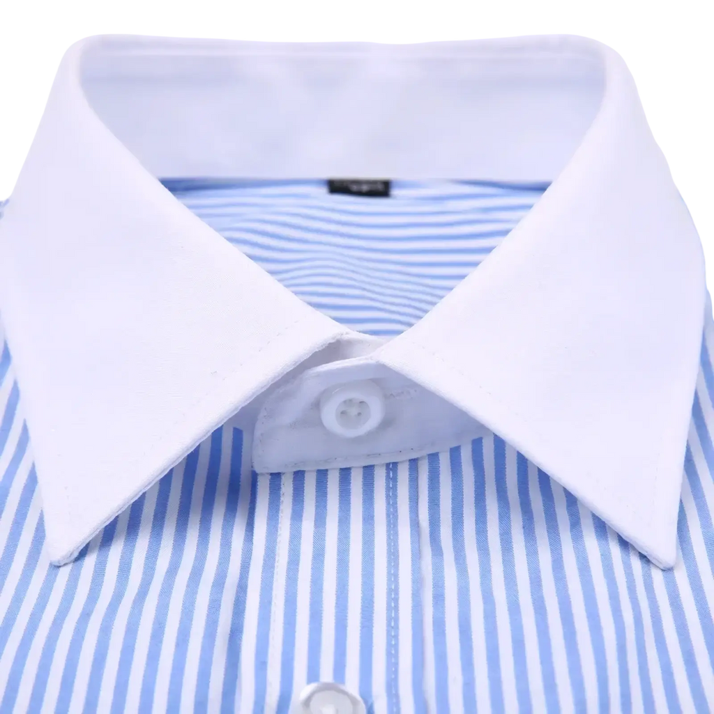 Striped French cuff dress shirt with crisp white collar and light blue white striped fabric featuring subtle neck button detail
