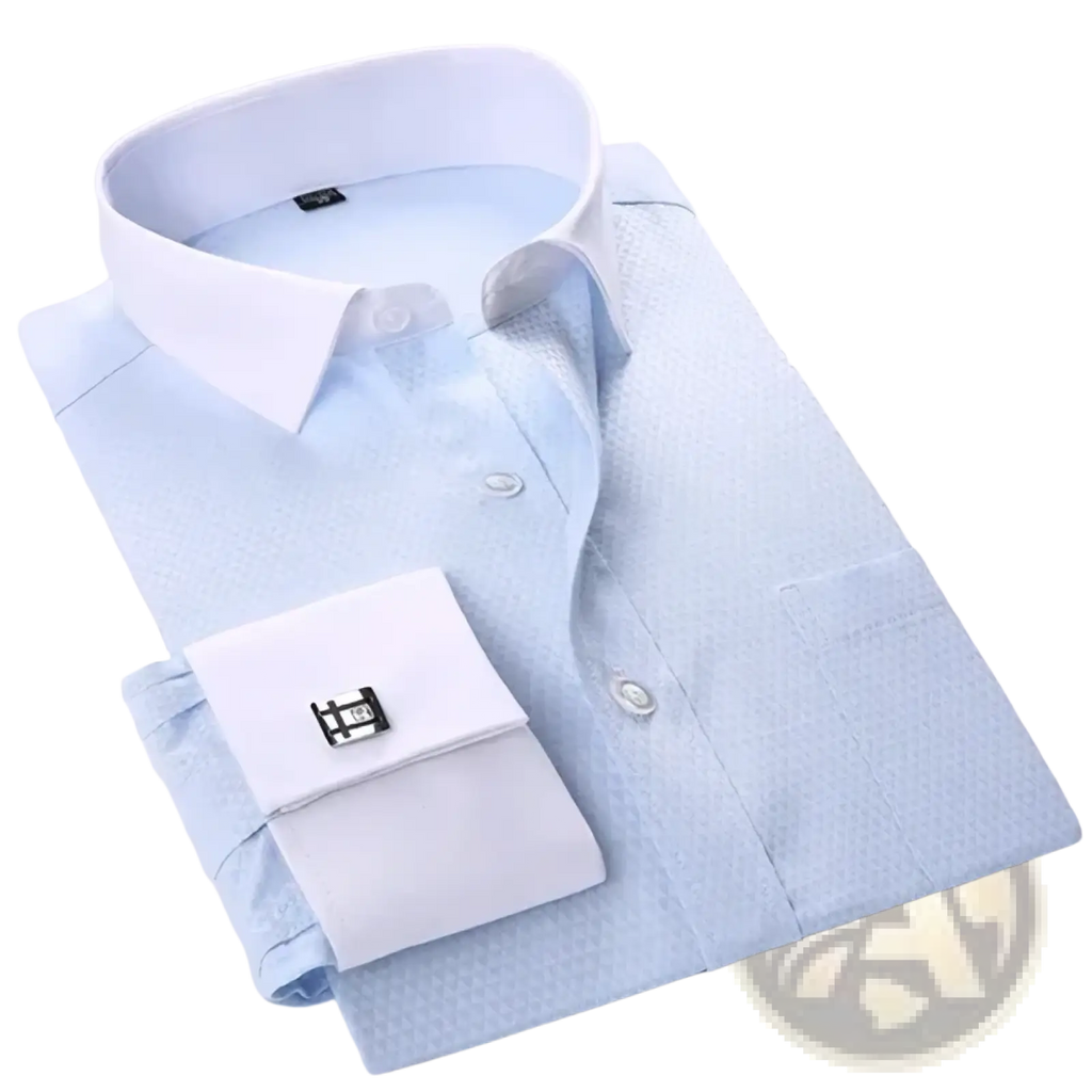 Light blue striped French cuff dress shirt with crisp white collar and cuffs featuring subtle textured fabric