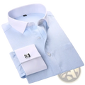 Light blue striped French cuff dress shirt with crisp white collar and cuffs featuring subtle textured fabric