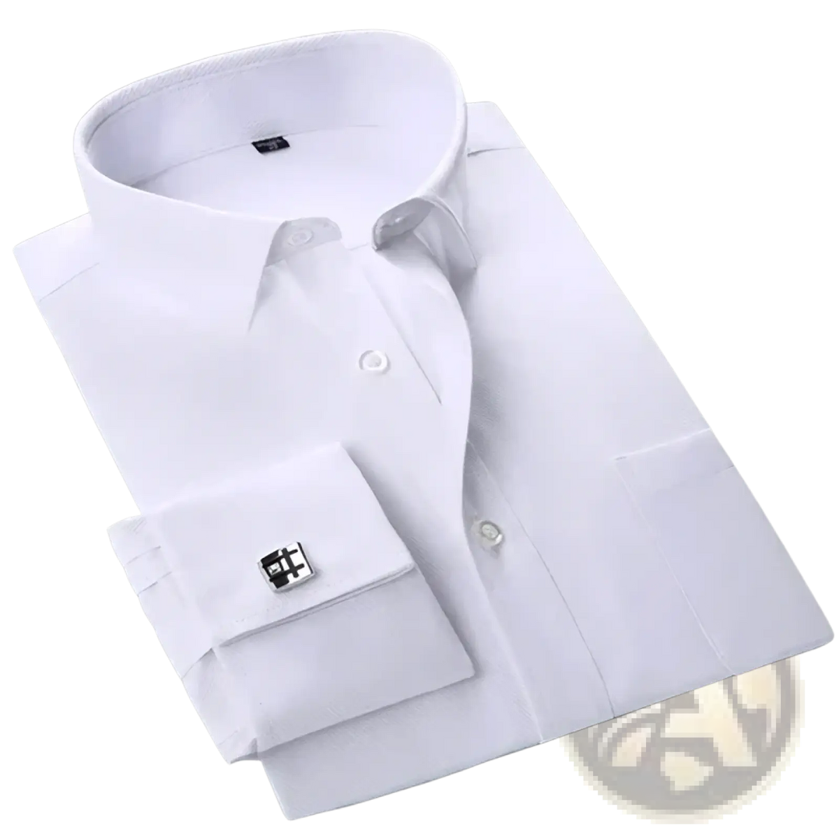 White men’s striped French cuff dress shirt with crisp collar and buttoned cuffs featuring silver-toned cufflinks