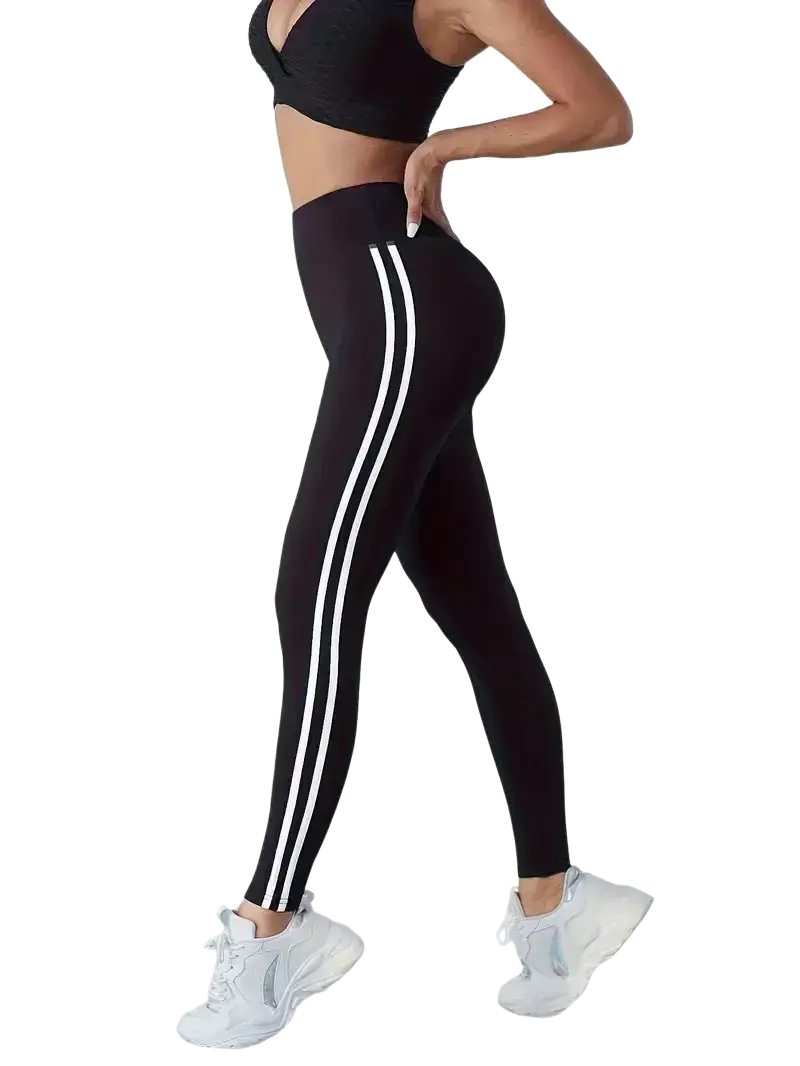 Black high waist yoga leggings with three vertical white stripes down the outer leg for athletic use