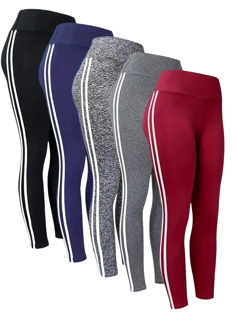 Five pairs of high waist yoga leggings in black navy blue heather gray solid gray and red with vertical white stripes
