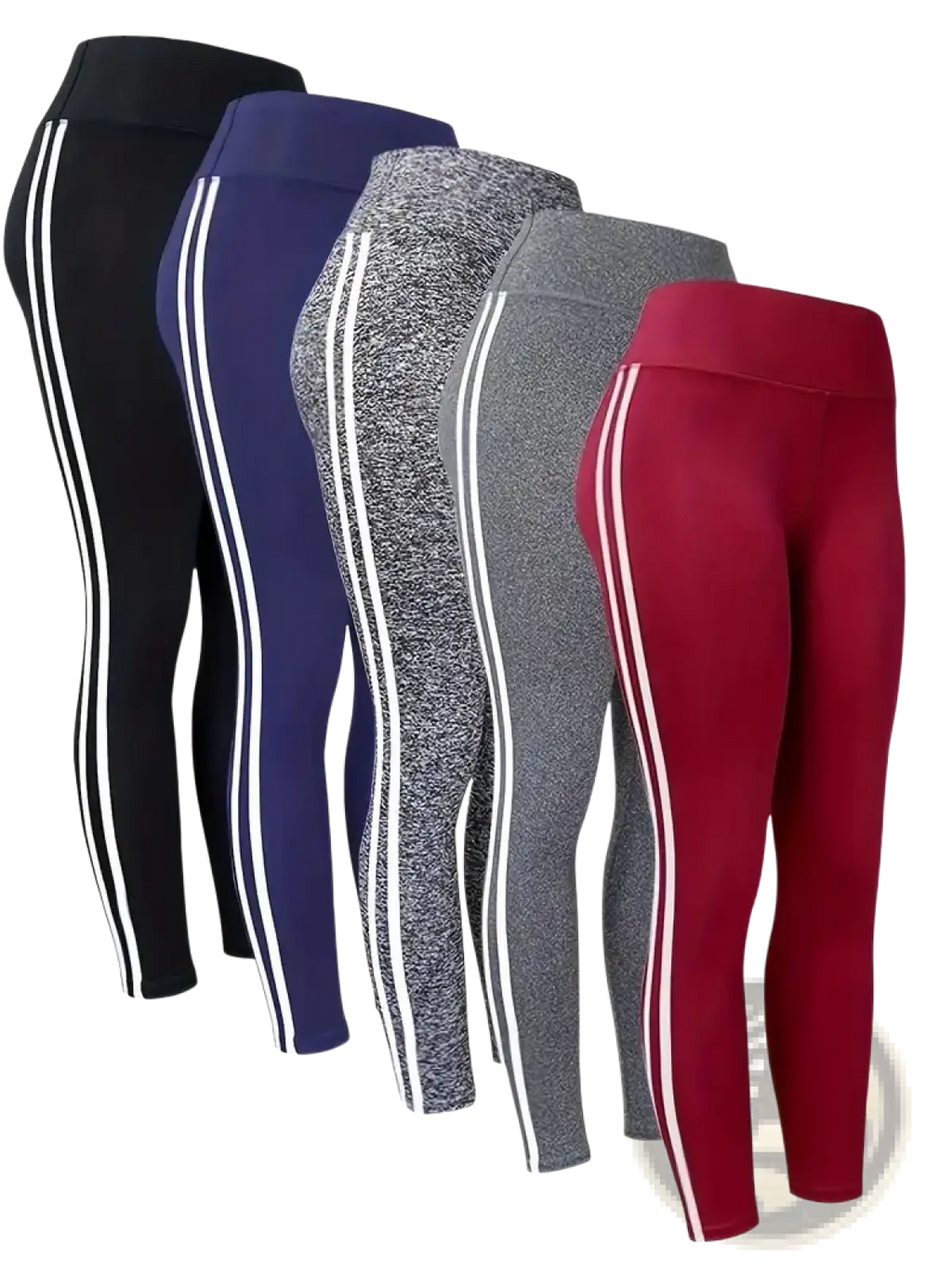 Five pairs of high waist yoga leggings in black navy blue heather gray solid gray and red with vertical white stripes
