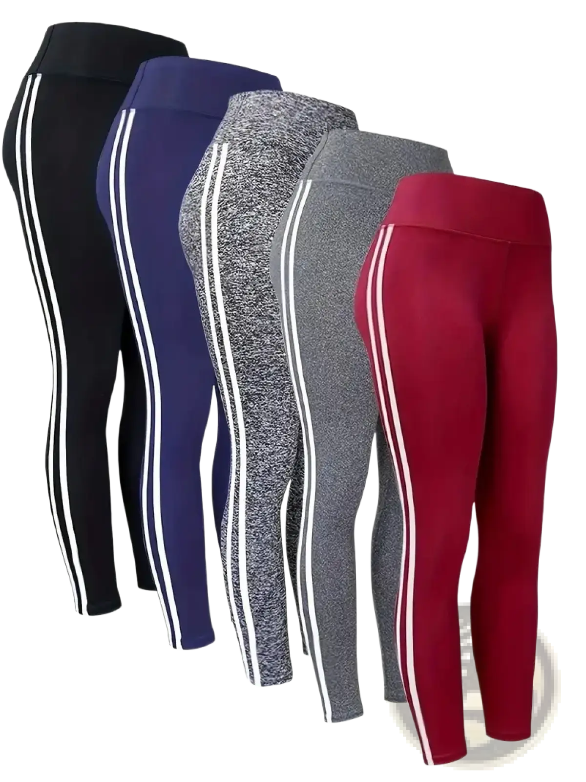 Five pairs of high waist yoga leggings in black navy blue heather gray solid gray and red with vertical white stripes