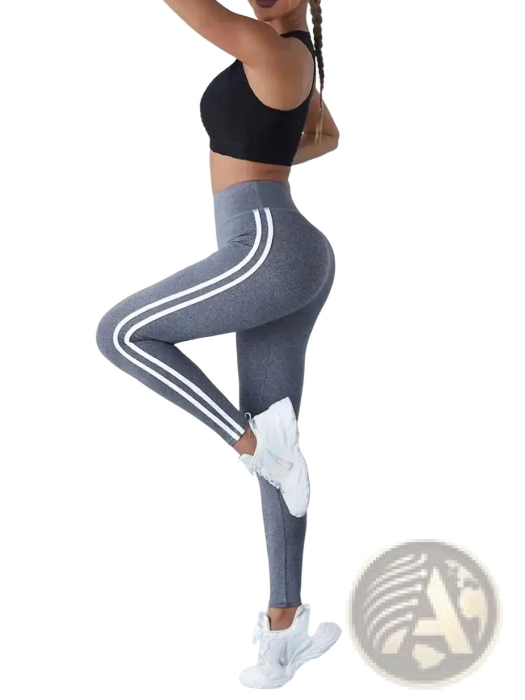 Gray high waist yoga leggings featuring two white stripes down each leg for comfortable activewear use
