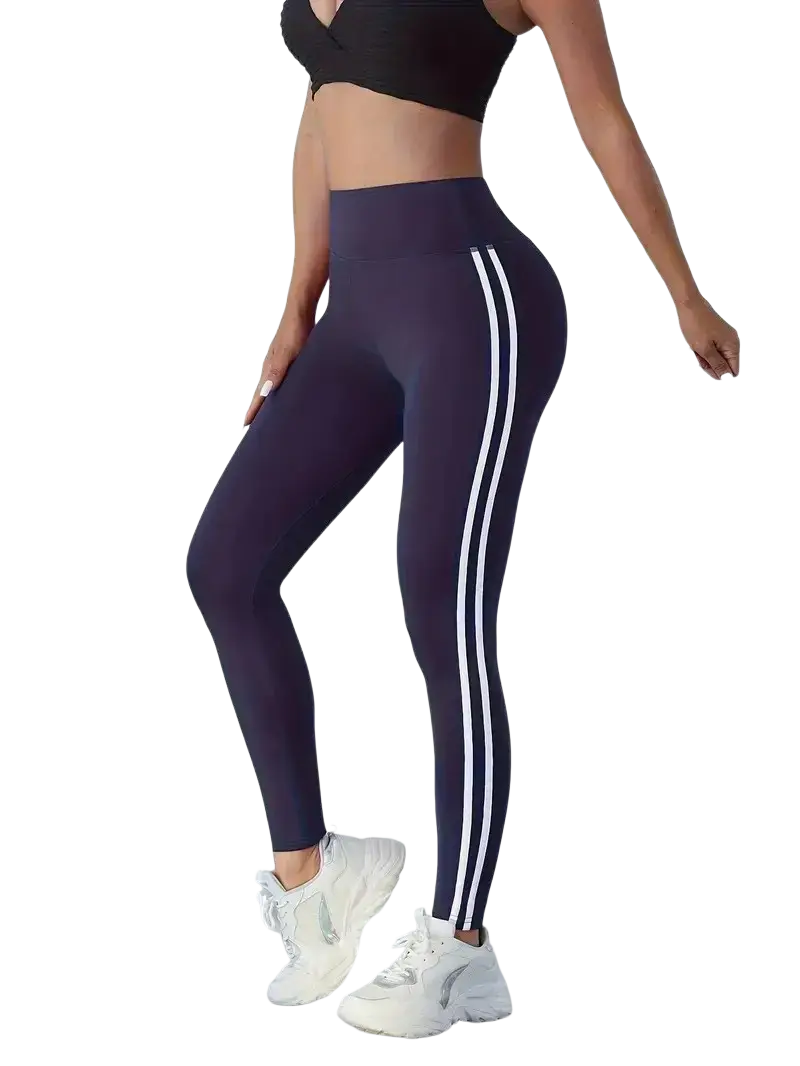 Navy blue high waist yoga leggings with two vertical white stripes on each leg made from stretchy fabric