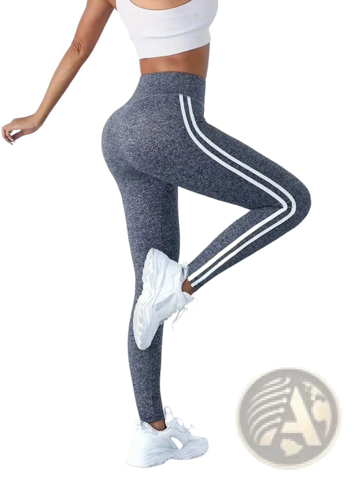 Striped high waist yoga leggings in gray heathered fabric with two bold white stripes down the outer thigh